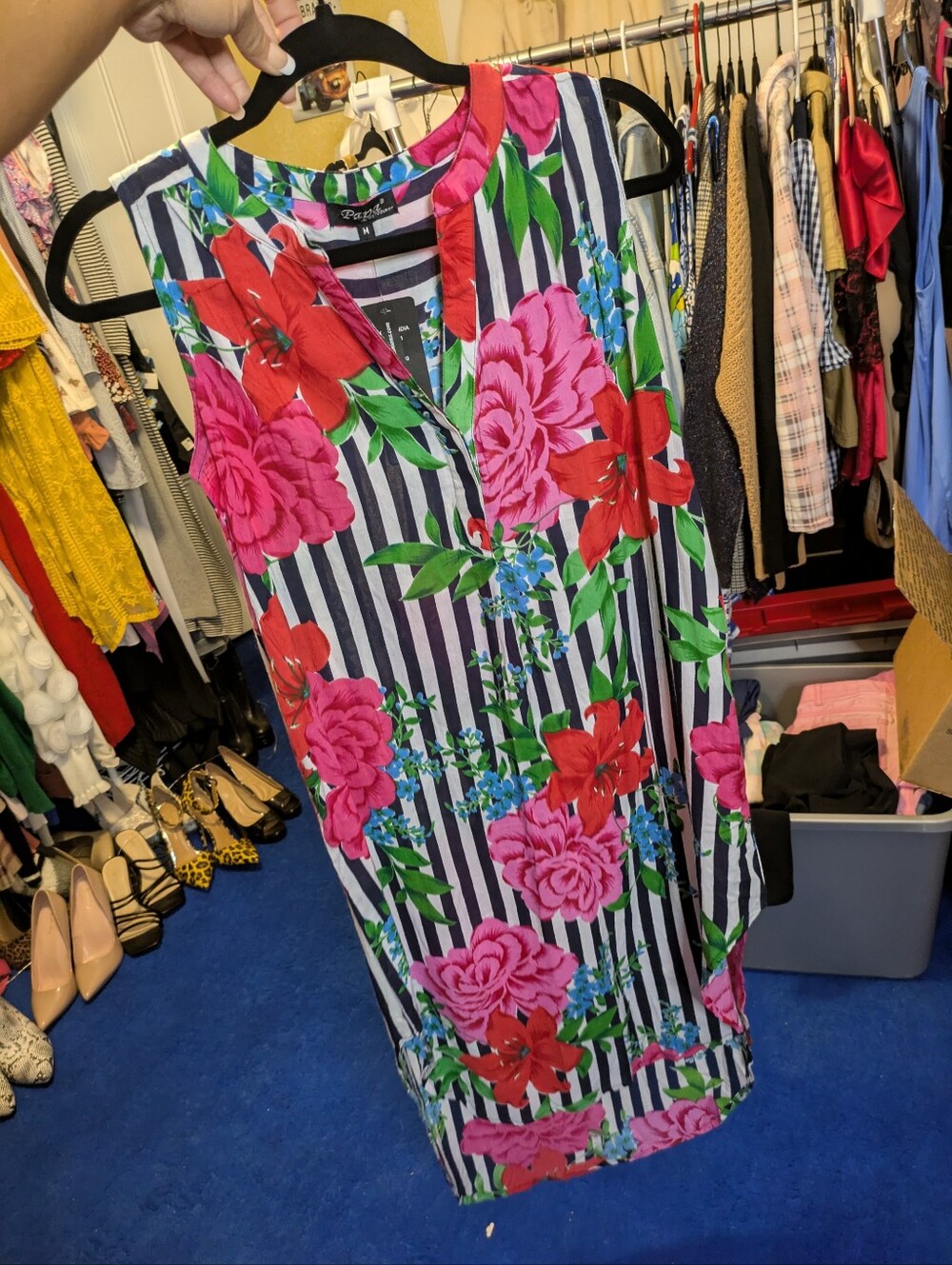 NWT Papa Vancouver Floral Stripe Sleeveless Midi Shift Dress Size Medium